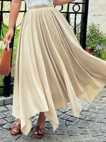 Dazy Plus Váy suông màu trơn cạp chun viền không đối xứng dáng rộng rãi thanh lịch - Màu be - Xem 6