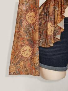 SHEIN ICON 加大码 Y2K 复古花卉印花前系带针织上衣，阳光佩斯利印花，波西米亚风，喇叭袖透明印花衬衫，音乐节，暑假 - 彩色 - 查看 7