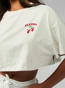 Missguided x Playboy 超大樱桃图案休闲 T 恤春夏短款上衣家居服街头风格休闲装 - 灰色 - 查看 2
