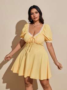 Viva Relle Plus Size Lace Trim Bow Decor Sexy Vacation Dress - Yellow - View 4