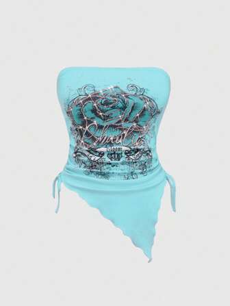 J-Fashion Y2K Harajuku Stil Damen Top mit Rose- und Strass-Muster, asymmetrischer Saum und Tunnelzug