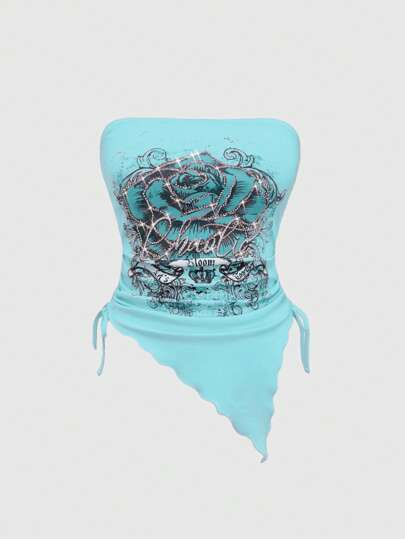 J-Fashion Top tubo asimmetrico con stampa a rose e strass nello stile Y2K Harajuku, con coulisse, per donne