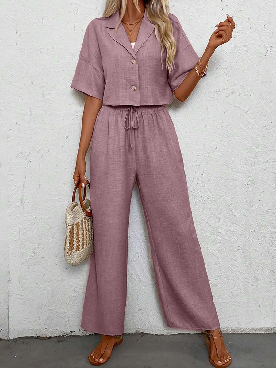 SHEIN PETITE 女士夏季纯色翻领短袖衬衫和裤子休闲套装（2件套） - 淺灰紫 - 查看 1