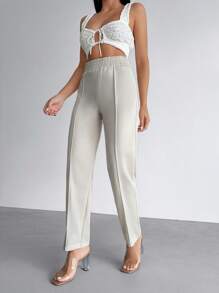 RueChic Damen einfarbige Stoffhose mit elastischem Bund und geradem, gestreiftem Design für den Lässig-Look