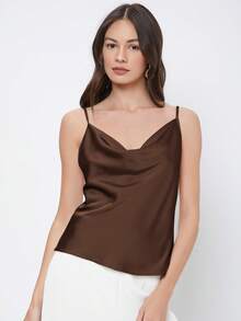 SHEIN BIZwear 2025秋季新款女士纯色垂褶领缎面吊带背心，浪漫优雅百搭商务休闲通勤上衣，OL装，教师制服，基础款上衣 - 巧克力棕 - 查看 3