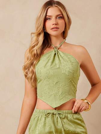 L'Amorae 绿色细肩带无袖不对称镂空梭织女式背心，后背蝴蝶结