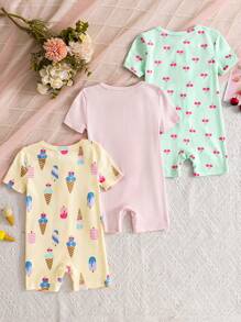 3 件套女婴可爱数码印花冰淇淋和纯色/数码樱桃连体衣短袖拉链连体衣配短裤，适合春夏季的舒适休闲装 - 彩色 - 查看 2