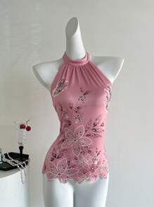 EgrlEra Vacation Style Floral Print Lace-Up Crop Top, Sexy & Slim Fit - Pink - View 7