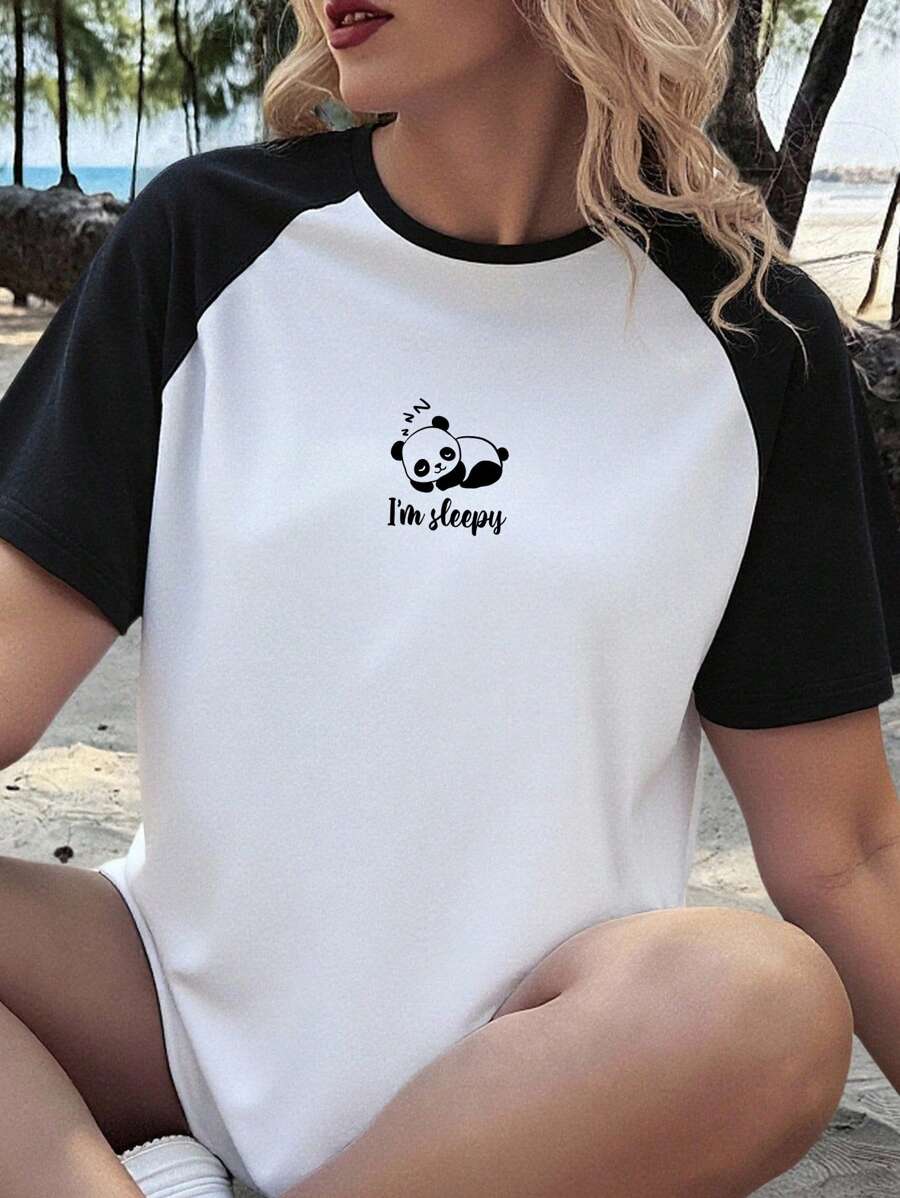 Veykashi Áo thun tay lỡ họa tiết hoạt hình gấu trúc đơn giản, màu sắc đơn giản, cỡ lớn, phù hợp cho mùa thu/đông, mùa hè - Đen và trắng - Xem 1