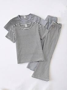 SHEIN 2pcs/Set Young Girls Elastic Striped Short Sleeve T-Shirt & Bell-Bottom Pants Outfit, Summer - Multicolor - View 3