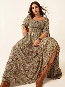 SHEIN LUNE Plus Size Women's Slouchy Casual Style Beach Vacation Outfit Fourth Of July Women Chic Retro Square Neck Romantic Cozy Fit Floral Multi-Layered Chillax Dress For The Holidays Bohemian Dress Teacher Outfits For Women Graduation Dresses For Women - Multicolor - View 9