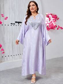 SHEIN Najma Elegant Luxurious Jacquard Fabric Contrast Pearl Embroidered Collar Loose Romantic Ladies Dress - Mauve Purple - View 6