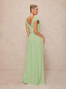 Lumalex 女式纯色深V领褶饰腰性感连衣裙 - 薄荷綠 - 查看 2