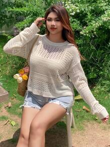 Dazy Plus Sheer Hollow Out Round Neck Long Sleeve Cover Up Cover Up For Women,Spring/Summer Vacation - White - View 5