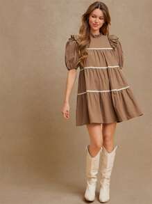 WESTFADE 撞色饰边立领荷叶边袖层叠迷你连衣裙 女式西式服装 - 棕色 - 查看 6
