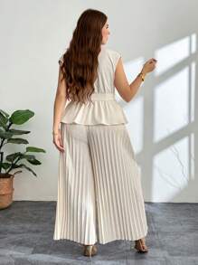 Firerie Plus Size Women 2 Pieces Set Solid Color Pleated Button Shirt And Wide Leg Pants For Summer