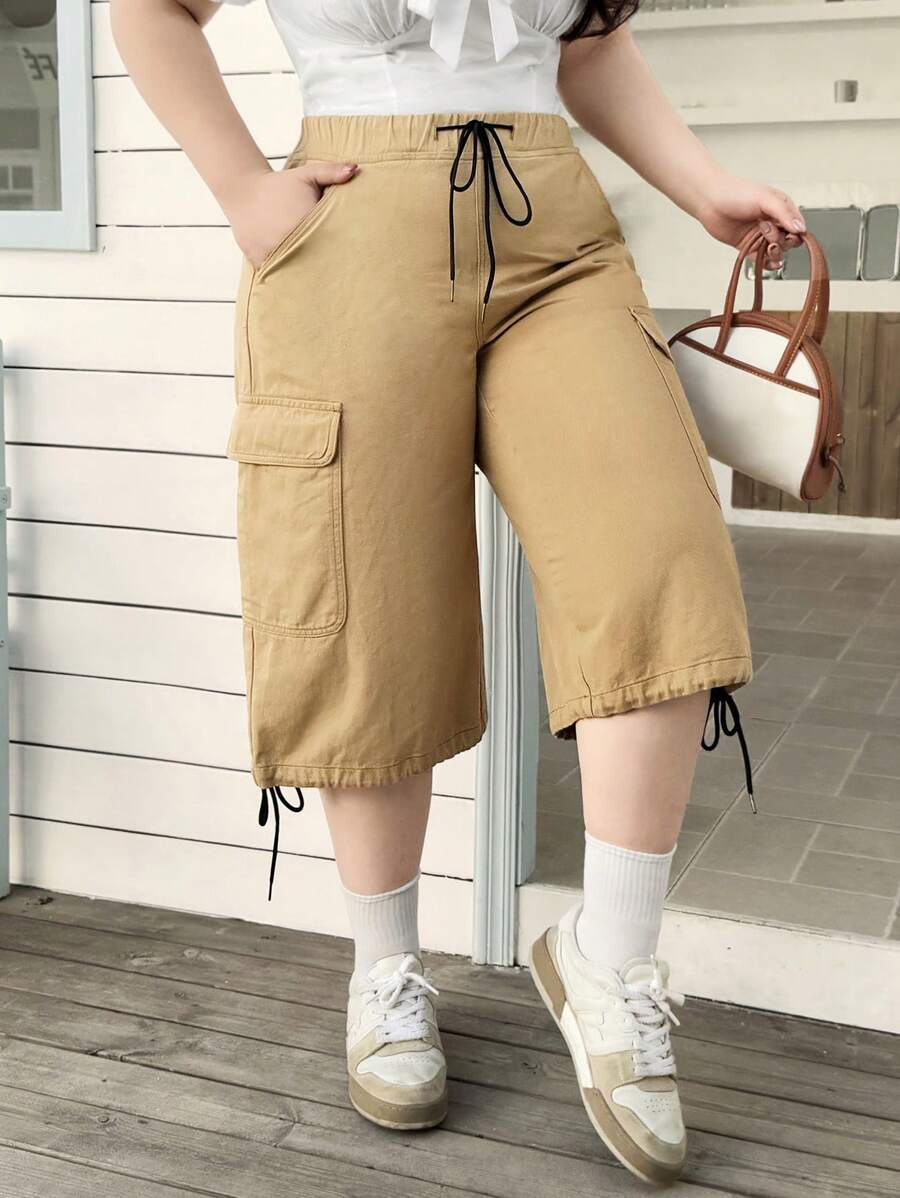 SHEIN EZwear Plus Size Women's Summer Elastic Waist Drawstring Flip Flap Pocket Cargo Denim Jeans