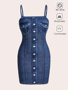 Siren Gaze 女士细肩带简约修身数码印花牛仔效果连衣裙 - 藍色 - 查看 2