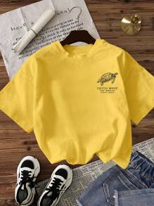 TaskSense Women's Letter & Sea Turtle Print Round Neck Short Sleeve Casual T-Shirt, Summer