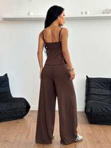 Gloray 女士金属外壳装饰吊带背心和裤子度假休闲套装，春夏 - 咖啡棕 - 查看 2