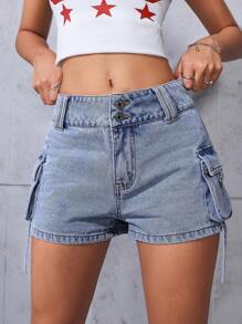 SHEIN EZwear Women's Summer Casual Skinny Cargo Denim Shorts - Light Wash - View 2