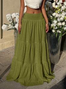 MainGRL Women's Solid Color Ruffle Hem Casual Vacation Skirt - Army Green - View 4