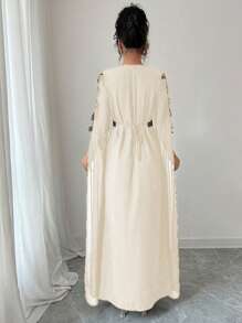 Rafferiza 中东风格女式拼布超长袖阿巴雅长袍，纯色蕾丝下摆长袍 - 杏色 - 查看 2