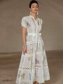 Aveloria Rosie Đầm voan họa tiết hoa cổ điển thanh lịch, tay bồng, viền ren khoét sâu, thắt eo cho nữ - trắng - Xem 3