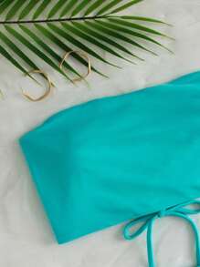 SHEIN Swim Summer Beach Solid Bikini Set Lace Up Back Reversible Tube Bra & High Waisted Bottom 2 Piece Bathing Suit - Mint Blue - View 6