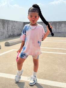 SHEIN SLAYR KIDS 2 件套年轻女孩休闲扎染印花宽松 T 恤和紧身打底裤套装 - 灰色 - 查看 3