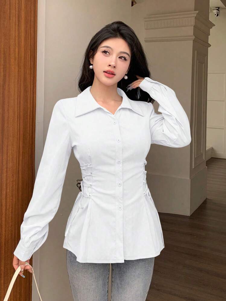 Modelyn Casual Solid Color Criss-Cross Tie Fashionable Blouse Fall Cloth For Women - White - View 5