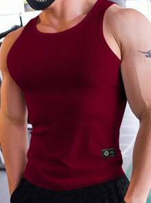 Manfinity Dauomo Áo ba lỗ cổ tròn ôm vừa vặn có gân màu trơn cho nam, mùa hè - Màu Hồng Tươi - Xem 3