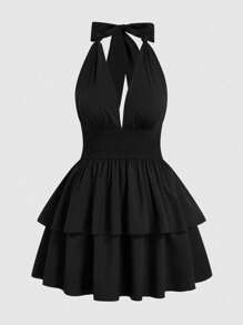 Sweetra Đầm dài vừa phải hở lưng màu trơn thanh lịch cỡ lớn 1 mảnh, dây mảnh hở lưng, bộ Y2K, hoàn hảo cho tiệc Giáng sinh - màu đen - Xem 3