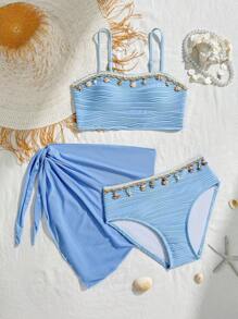 SHEIN 青少年女孩夏季海滩度假风格贝壳和海星编织带比基尼套装