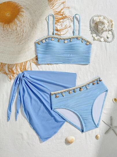 SHEIN Tween flickors sommar- och strandsemesterbikiniset med snäckskal och sjöstjärnor i vävt band