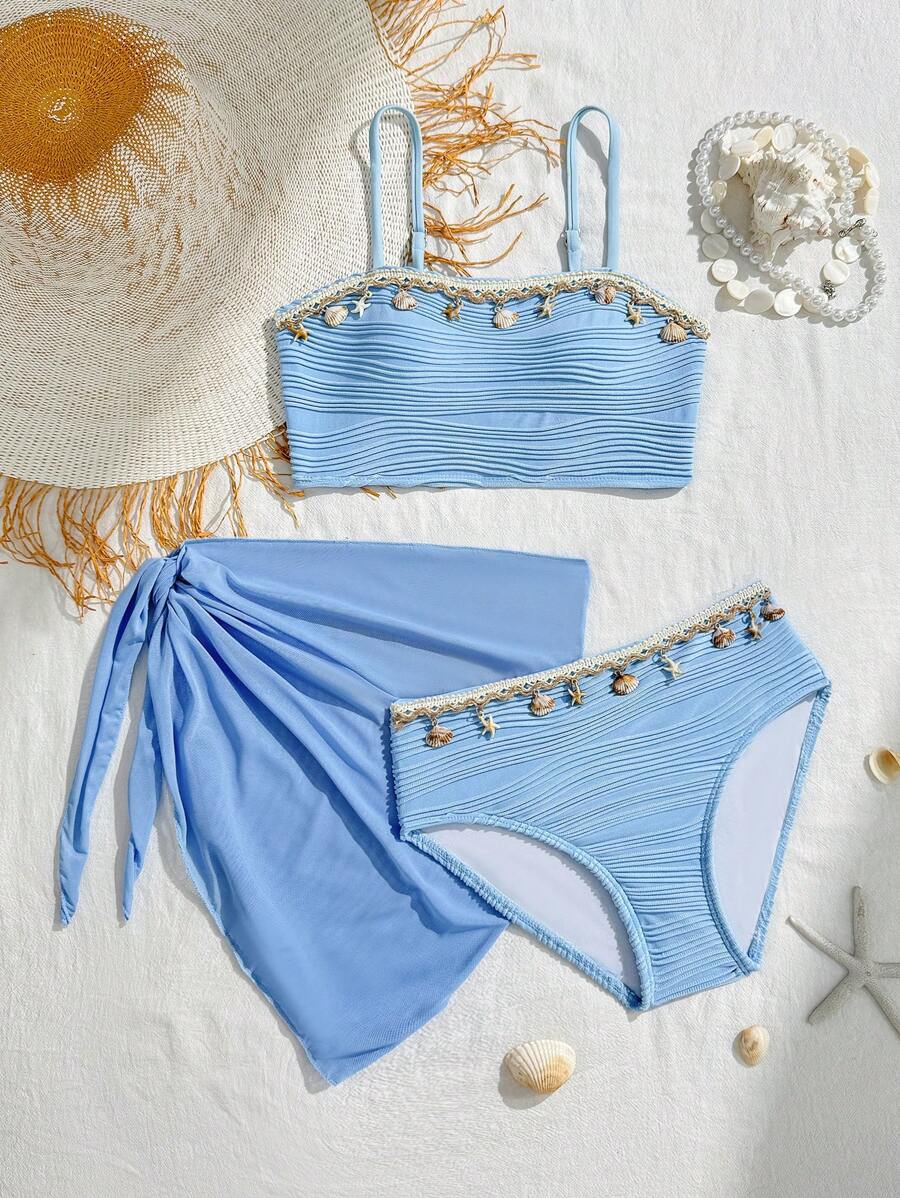 SHEIN 青少年女孩夏季海滩度假风格贝壳和海星编织带比基尼套装