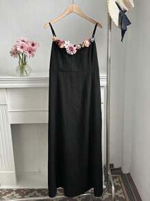 SHEIN EZwear Đầm dự tiệc màu đen họa tiết hoa 3D rộng rãi thoải mái cho nữ cỡ lớn mùa hè - màu đen - Xem 3