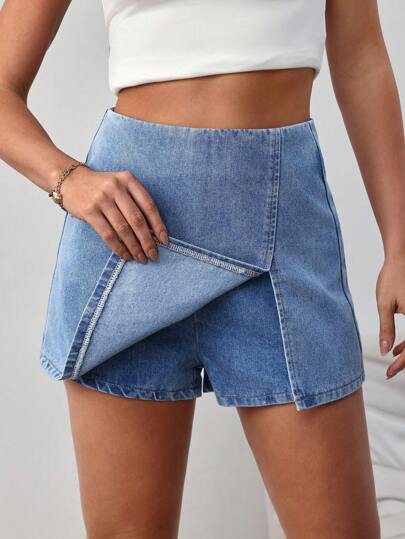 SHEIN Tall Pantalones cortos vaqueros para mujer, pantalones cortos informales de ajuste casual, azules