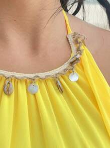 Sunnyshic Robe d'été sans manches en mousseline de soie jaune vif avec décoration coquillage pour femmes grande taille - Jaune citron - Voir 7