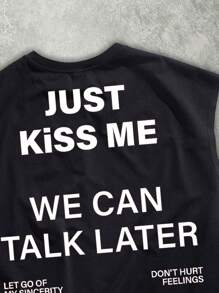 Manfinity Roghcode 街头休闲白色标语印花黑色超大宽松短款背心 - 黑色 - 查看 2