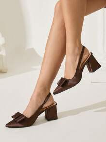 CUCCOO CHICEST 女士优雅方头粗跟一脚蹬高跟鞋，带蝴蝶结装饰，巧克力棕色，适合工作、约会、下午茶，百搭衣橱必备
