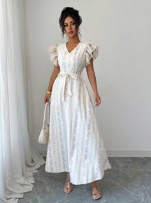 Modelyn Floral Print Patchwork Embroidery Mesh Cap Sleeve A-Line Dress - Apricot - View 4