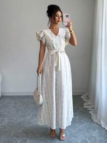 Modelyn Floral Print Patchwork Embroidery Mesh Cap Sleeve A-Line Dress - Apricot - View 6