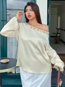 Dazy Plus 1pc Loose-Fit Solid Color Asymmetircal Neck Shell Decor Long Sleeve Blouse - Apricot - View 5