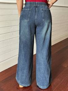 Dazy Plus Jean long déchiré à jambe droite ample avec taille élastique patchwork, convient pour toutes les saisons
