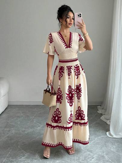 Elenzga 杏色褶皱修身花卉印花女长裙