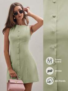 COSMINA Women's Minimalist Solid Color Single-Breasted Sleeveless Mini Dress, Summer,Business Casual Woman - Green - View 7