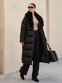 CLARA VERO Women's Solid Faux Fur Detailed Elegant Midi Winter Coat - Black - View 6
