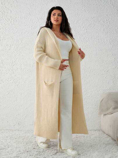 EURMUSE Plus Solid Rib Knit Casual Cozy Hoodie Oversize Cardigan With Pockets