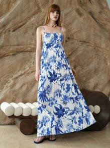 SHEIN LUNE Robe de plage d'été de haute qualité à volants fleuris pour femmes, bleu français, pour les vacances - Bleu et Blanc - Voir 3